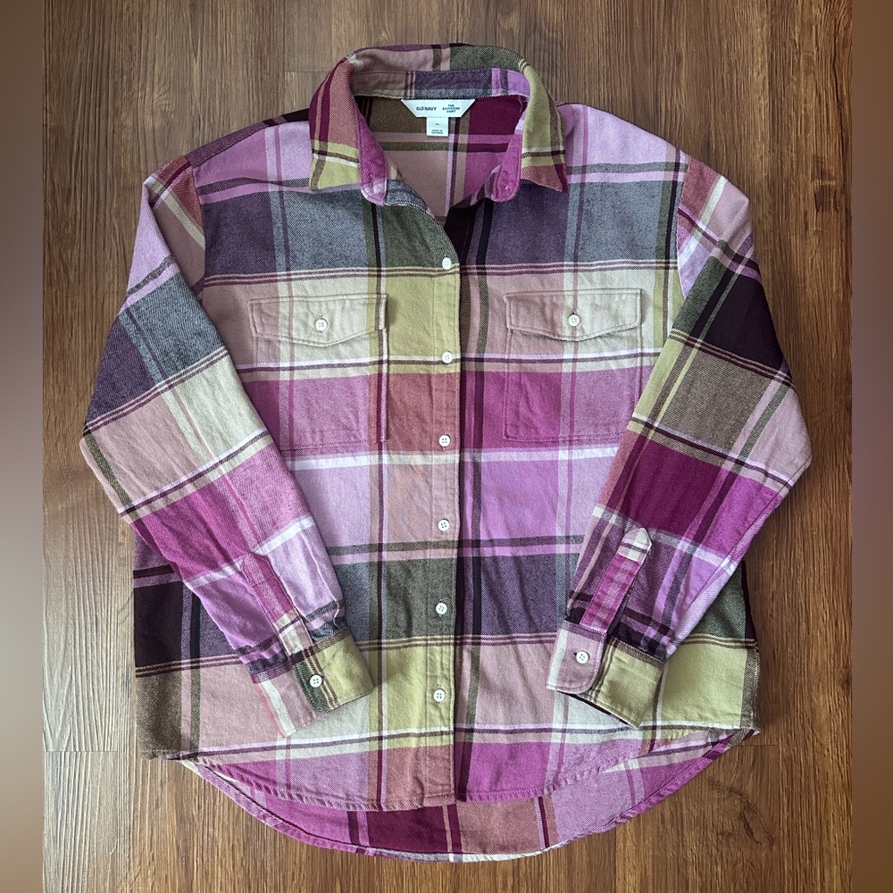 Old Navy Multicolor 'Red Raisin' Plaid Boyfriend Button-Down Flannel Shirt